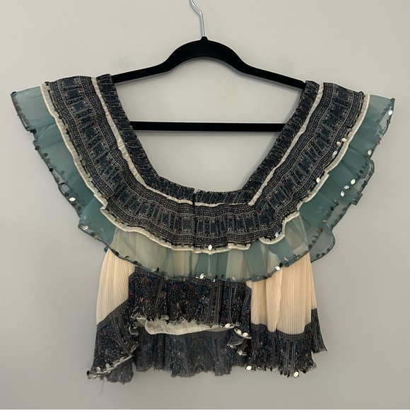 Anthropologie Let Me Be Camilla Blue Cream Ruffled Blouse - Picture 7 of 9